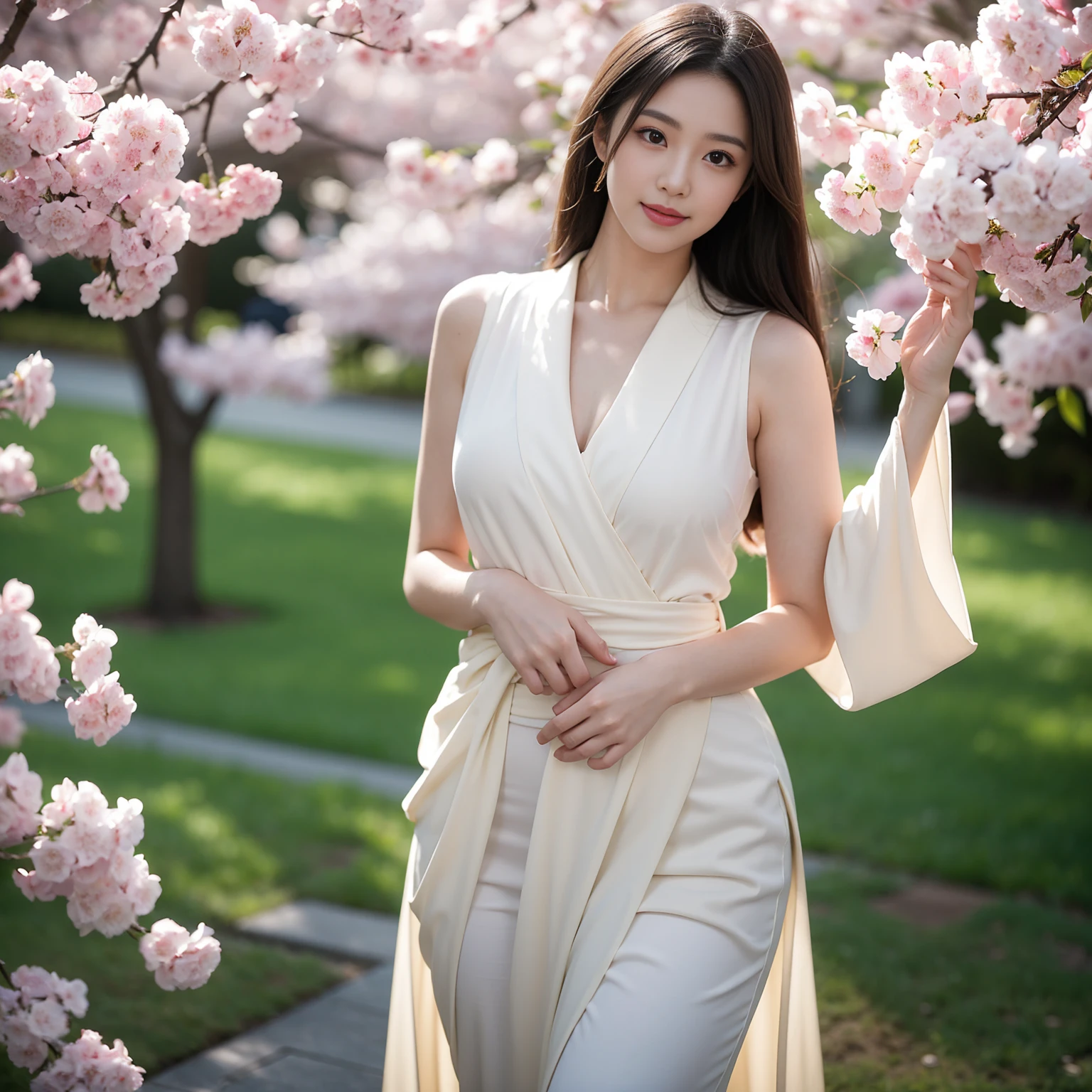 quality, masterpiece, high resolution,Beautiful eyes, (Realistically: 1.4), 1 busty girl (( Anne Hathaway:Selena Gomez:0.6))
(((Best quality at best))), masterpiece,Intricate details, Depth of Field,Best quality at best,The content is very detailed,high resolution,4K,超high resolution,Detailed shadows,Surrealism,Practical,Dramatic Lighting,1 busty girl,Solitary,Delicate face,Delicate eyes,Realistic skin,Imagine the scene under the charming lights of night cherry blossoms , There is amazing beauty in that, Reminiscent of a modern girl, Striking a sexy and elegant pose. Her clothing combines traditional and modern styles, Wearing a kimono style dress,Close to her figure, Showing off her curves subtly, Elegance and charm coexist. Very fine fabric, almost translucent silk, Casting fascinating light and shadow effects on her skin, Enhanced texture.
Her hair is loose, modern updo, Strategically placed cherry blossoms, Adding a touch of innocence to her original demeanor. Makeup is bold and tasteful, Highlight her charming eyes and plump lips, Bend into mystery, A knowing smile.
Pink and white cherry blossoms with blurred background, A few petals gently fell beside her. The lighting is soft and atmospheric, Evokes a sense of intimacy and mystery, That'Just like her'Share a story. Camera Angle Dynamics, Shoot her from a low angle, Emphasizing her majestic presence in the night sky.
Her pose blends confidence and vulnerability, Place your hands gently on her hips, Another person also reached out his hand,As if inviting the audience into her mysterious world. The overall composition should convey a balance with the art, Breaking the boundaries of sexiness,But it did not enter a clear situation.