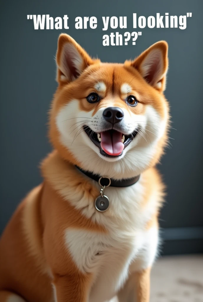Shiba Inu、 "What are you looking at??Ahh~!" is written in large letters on the screen,