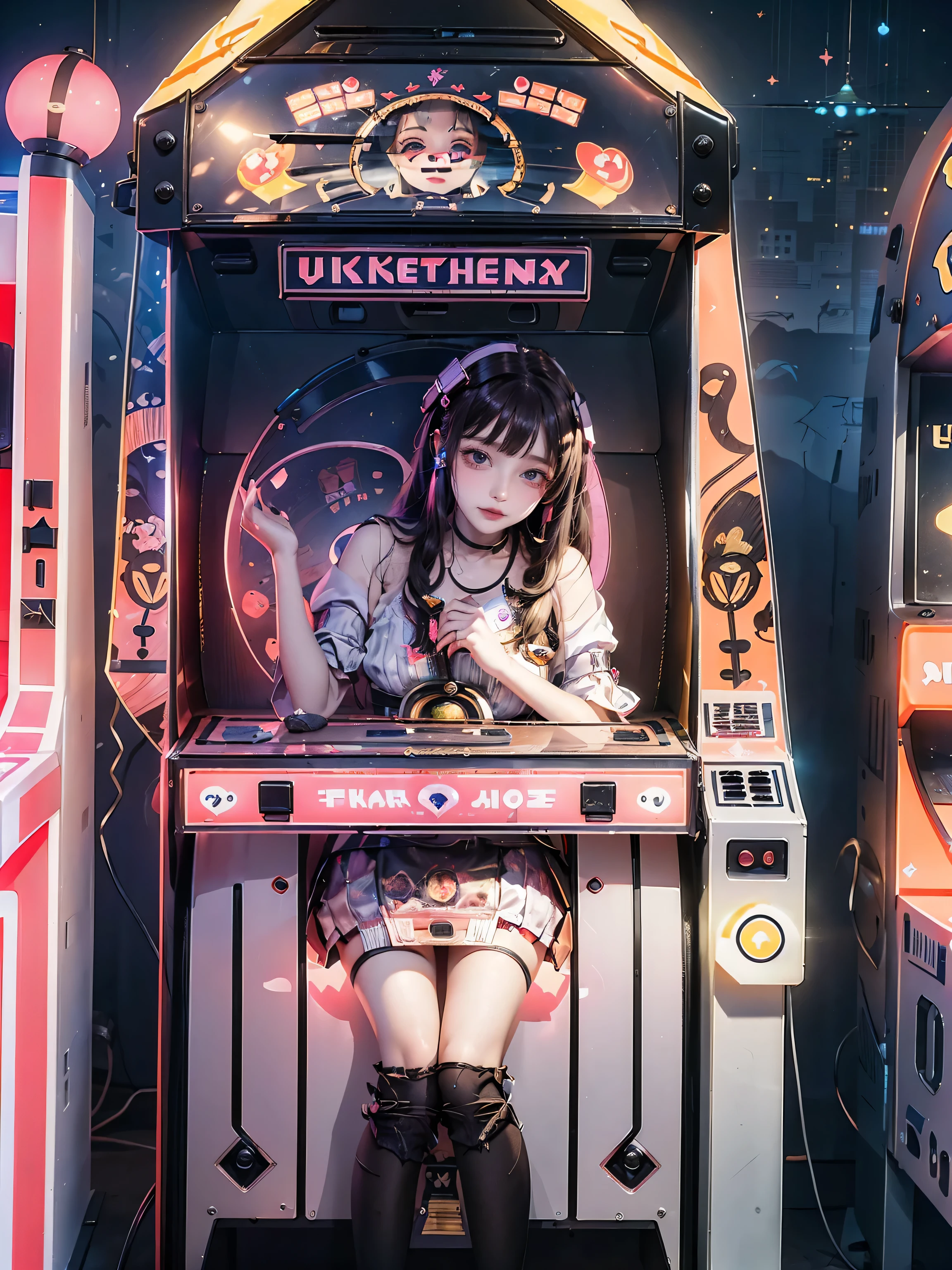 ((16K)),((masterpiece:1.3)), ((Highest quality)),((Arcade)),arcade,((game machine:1.3)),Game Bench,((UFO Catcher:1.4)),((Purikura:1.4)),date, neonlight
