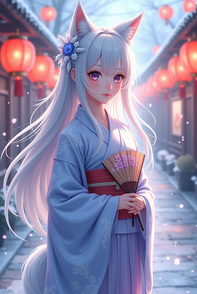 a anime woman, with long hair, which is white in color with a slight shade of blue, the woman has wolf ears on her head, and wears typical Japanese festival clothing, with lilac and blue colors, she is holding a Fan in her right hand,The fan is closed, she is at a lantern festival, Ice flock in hair