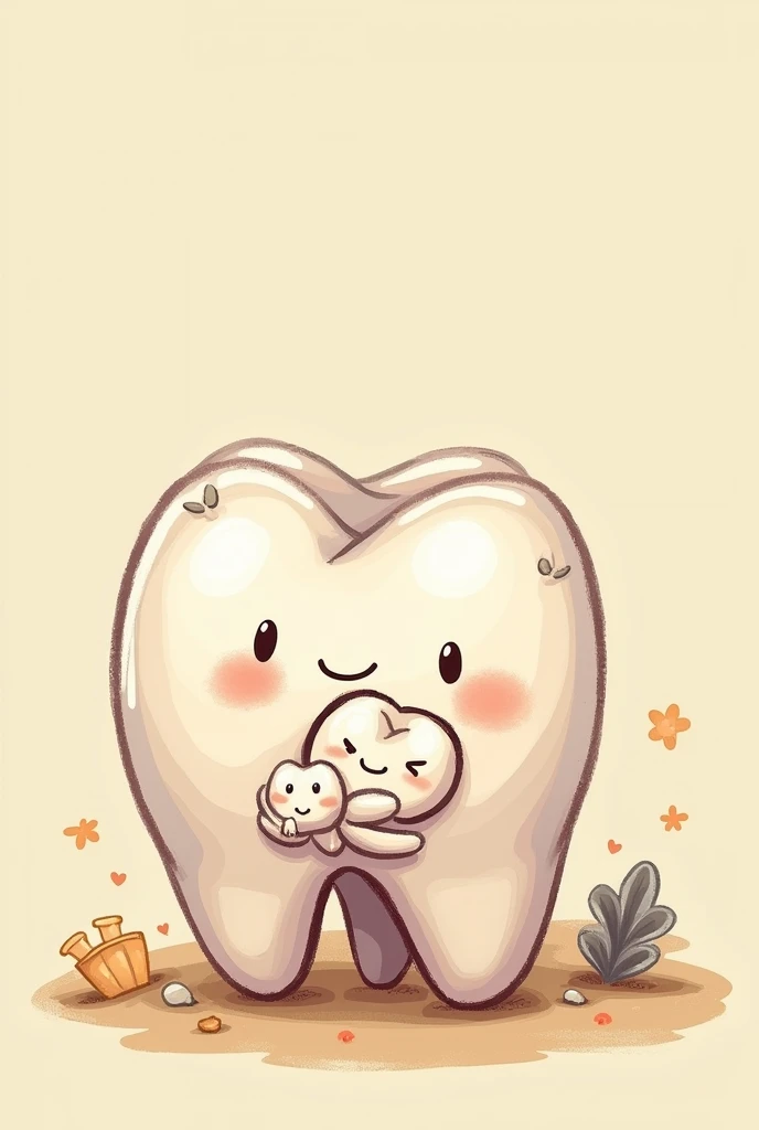Cartoon of a molar with mammary glands breastfeeding her baby tooth in pastel colors