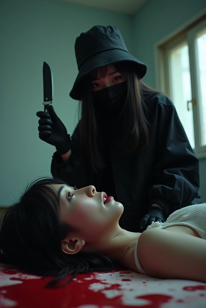 korean girl, (behind corpse, holding knife), black surgical mask, black gloves, room full of blood, black raincoat, bucket hat, holding knife, black gloves, woman on top, behind corpse, blood splatter, on the bed, mass murderer, killer, long bangs, blood splatter, dark atmosphere, cinematic lighting, atmospheric realistic, light from the window, close-up,