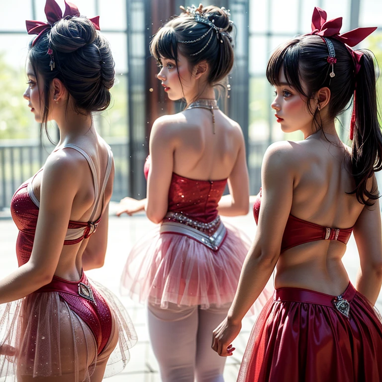 SFW, ExtremelyDetailed (((Kawaii Ballet Girls Group in a row:1.37))), Childish perfect face, Reflective Eyes, Detailed(Delicate Clothing textures), Corrected Leg Line, Corrected Childish Hand, Correct limbs, Dynamic Joyful Expressions LifeLike Rendering, ((Specular Reflection:0.8)), TopQuality 8K Ultra-detailed masterpiece (ProfessionalPhoto:1.37)(Acutance:0.8),(Luminism:1.28), Light particles, (Muscle:-0.5), facing away (from side ) (Clearly visible Beautiful hip shape)