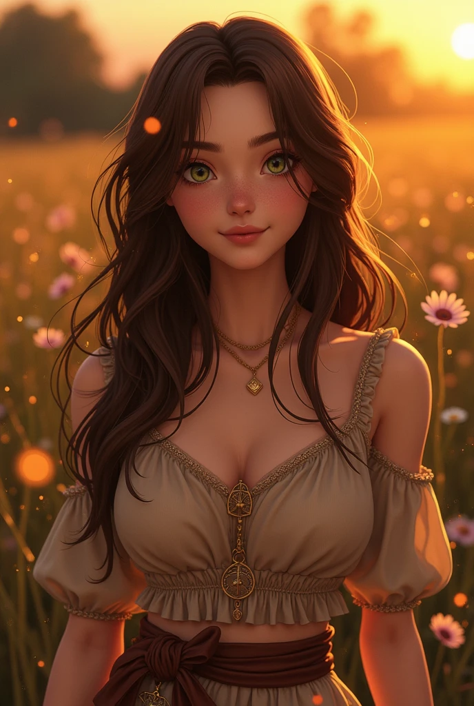 Luma is an elegant person, she is beautiful and has a strong posture, she has voluminous proportion breasts, a feminine pear silhouette, brown hair, long brown hair, She has expressive eyes, (Only her eyes are olive green) She has fair skin, and on her cheekbones light freckles, busty, Farm, Brown country clothes, boho clothes, boho farmhouse fashion clothes, romantic atmosphere, fire lights, fire sparkles, flowers clothes hair half straight, half with curled ends cartoon