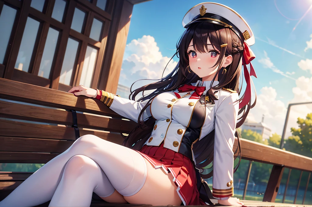 A beautiful 20 year old girl in uniform sitting on a bench with a hat, anime girl, military hat, red puffy miniskirt, white blazer, white stockings, big round breasts, sitting, blue sky, dark brown hair, long red bangs, french braid, long hair, wavy hair, shiny hair, hairclip, hair ribbon, aqua eyes, glowing eyes, pupils sparkling, earrings, blush, puckered lips, confused, red lips, high detail, anime, anime style, depth of field, dithering, image fill, perspective, lens flare, Wide-Angle, f/1.8, 85mm, Nikon, 8k, super detail, UHD, retina, masterpiece, accurate, anatomically correct, textured skin, best quality, highres, 16k