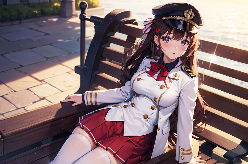 A beautiful 20 year old girl in uniform sitting on a bench with a hat, anime girl, military hat, red puffy miniskirt, white blazer, white stockings, big round breasts, sitting, blue sky, dark brown hair, long red bangs, french braid, long hair, wavy hair, shiny hair, hairclip, hair ribbon, aqua eyes, glowing eyes, pupils sparkling, earrings, blush, puckered lips, confused, red lips, high detail, anime, anime style, depth of field, dithering, image fill, perspective, lens flare, Wide-Angle, f/1.8, 85mm, Nikon, 8k, super detail, UHD, retina, masterpiece, accurate, anatomically correct, textured skin, best quality, highres, 16k