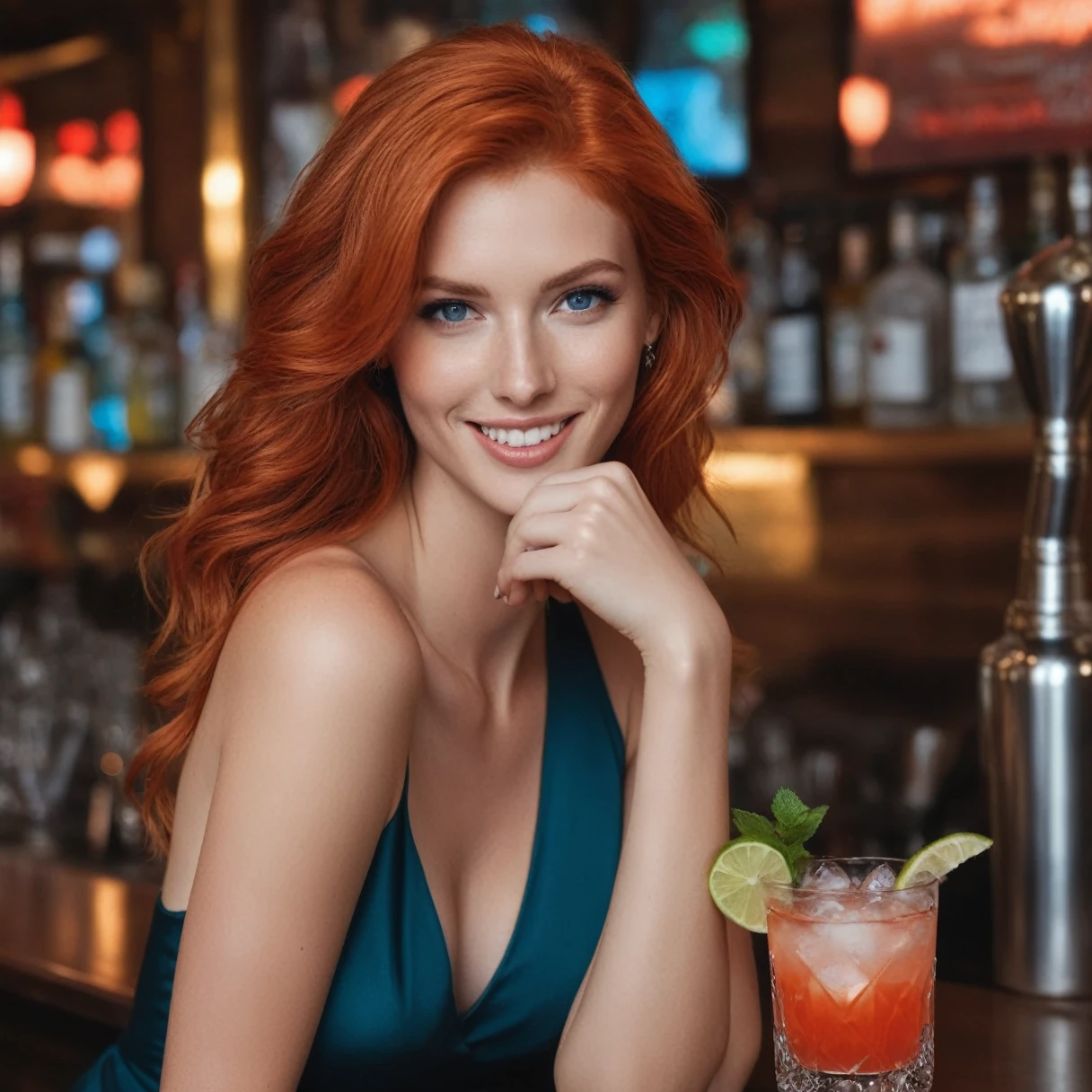 Elena Fernades, fiery red haired model, with light blue eyes sitting at a bar at the stand, you see the sea and drink cocktail and smile. photographic, ultra real. Photo 480 x 768 