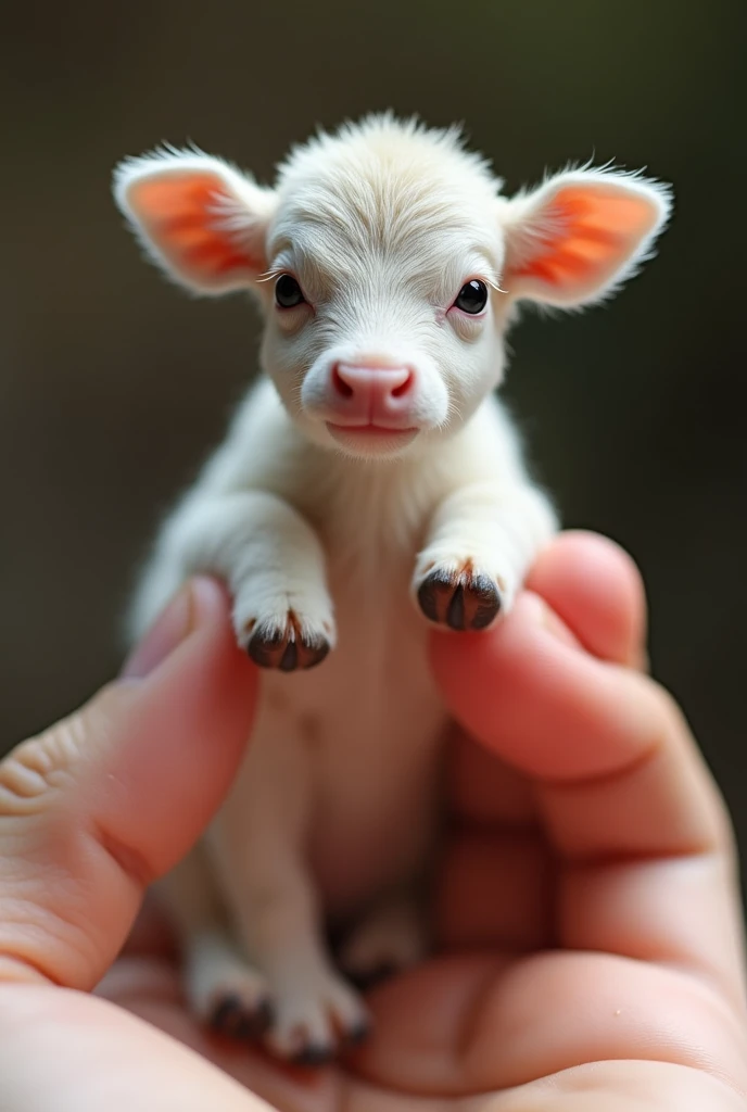 There is a small calf sitting in a person's hand, a miniature calf, a miniature animal, sitting on a finger, cute and cute, cute and cute, cute kitty, cute calf, the photo is very realistic, very small, Picture of a beautiful cow, just a neat little thing, cute little nose, beautiful and cute, beautiful creature, pretty cute, very detailed photo.