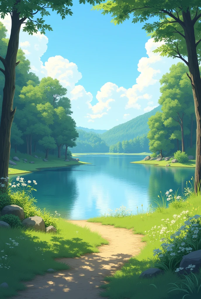 Lakeside bathed in soft sunlight、I can see the forest on the other side of the lake、A quiet and deserted lake、In an open area、The lake is inspired by the home of Lancelot from Arthurian legend.、A lake that feels almost mystical、There are no trees in front、The lake shore is made of soft grass and soil.、A little anime-like drawing、The foreground is open、There is nothing blocking the view in the foreground、