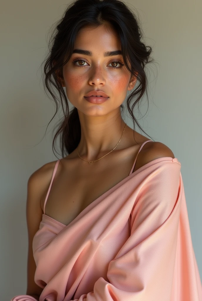 Tan skinnes girl with uneven skin tone wearing a pale pink saree 