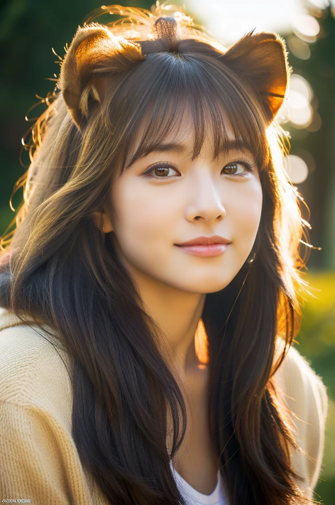 (masterpiece, ultra-detailed, ultra-realistic, best quality, clear focus, photorealistic), (ultra-high resolution, 8k:1.3), (hip focus:1.3), perfect anatomy, perfect face, (detailed face, detailed eyes:1.3), (1 beautiful Japanese blonde girl), (very cute face:1.3), (her sexy body is very fluffy like a lion:1.18), professional light, purring like a lion, smile, with a big male lion