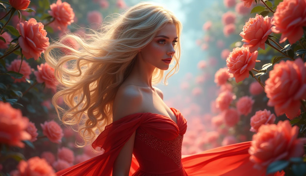 Welcome to Luminaria, a realm of breathtaking beauty. Lyra, a radiant maiden, reigns supreme. Her skin shimmers with a pearlescent glow, lips gleam with subtle gloss, and eyes sparkle with cerulean magic. With every step, she leaves a trail of glittering petals and stardust, entrancing all who behold her. As guardian of Luminaria's ancient magic, Lyra's beauty inspires awe and reverence in this dazzling world of wonder." Animation heyper realistic sharp and hd images dress red colour and roses