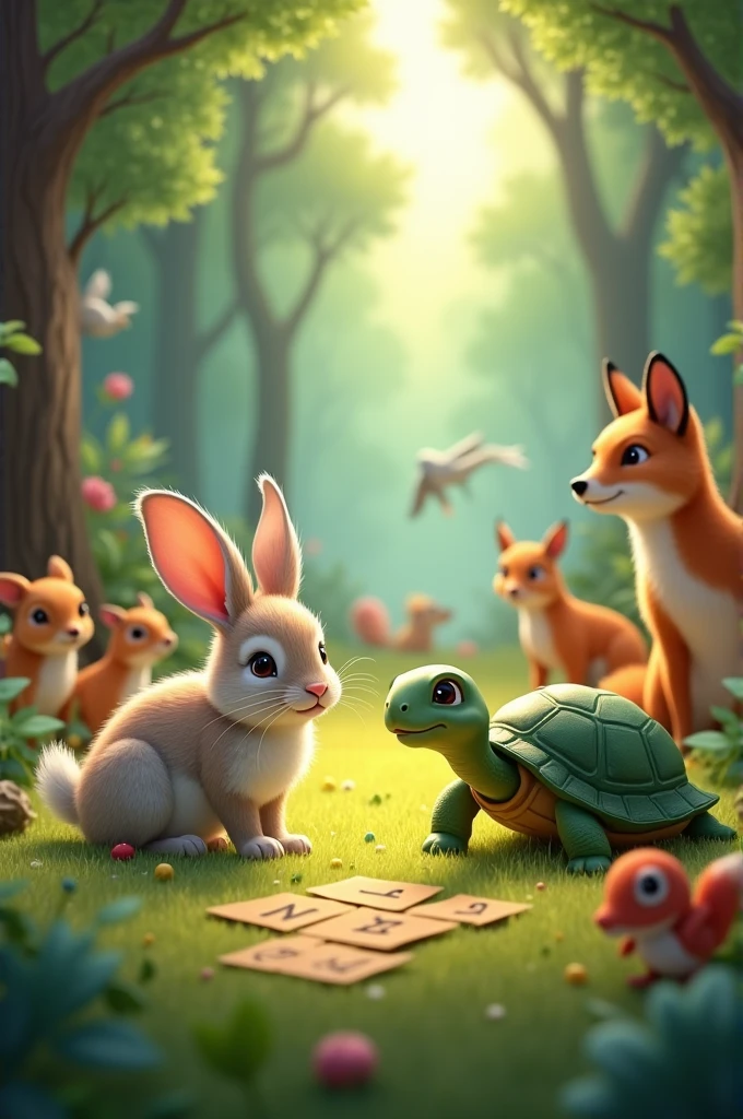 A rabbit and a turtle compete in a math test, with a fox as the judge and many animals in the forest watching the competition.