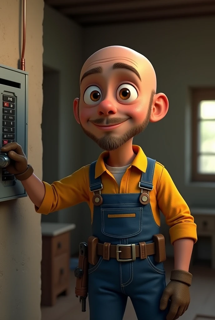 A bald electrician wearing a uniform, near an electrical panel, with expressive eyes, in a room under renovation, Pixar and Disney style, 1900s, electric tools, (best quality,4k,8k,highres,masterpiece:1.2),ultra-detailed,(realistic,photorealistic,photo-realistic:1.37),cinematic lighting,dramatic shadows,vibrant colors,intricate details