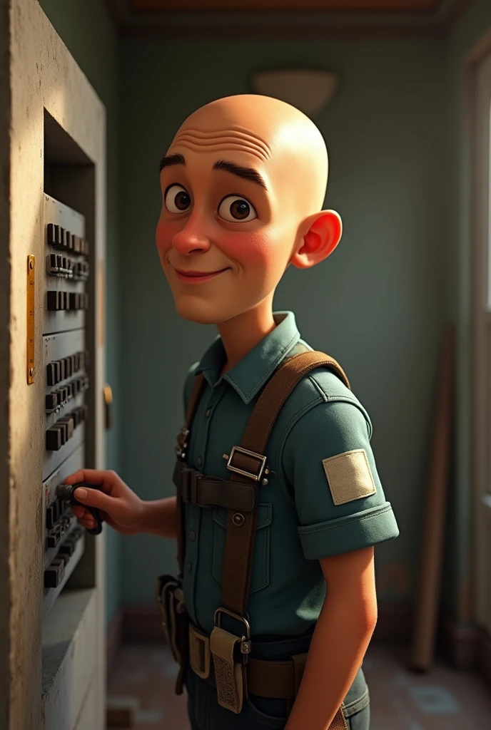 A bald electrician wearing a uniform, near an electrical panel, with expressive eyes, in a room under renovation, Pixar and Disney style, 1900s, electric tools, (best quality,4k,8k,highres,masterpiece:1.2),ultra-detailed,(realistic,photorealistic,photo-realistic:1.37),cinematic lighting,dramatic shadows,vibrant colors,intricate details