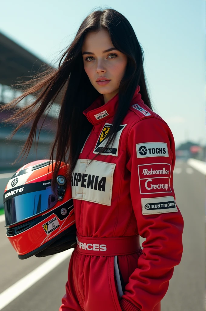 woman 1 meter and 60 centimeters 55 kilos, very white hair at butt level in a straight blue-black cut and extremely straight. She is 23 years old and her face is thin and delicate. She looks like a young Winona Ryder, but her eyes are light brown., almost honey.
She is wearing the red jumpsuit of the pilot Ayrton Senna and holding the Formula 1 helmet. She is on the racetrack and her hair is blowing in the wind.