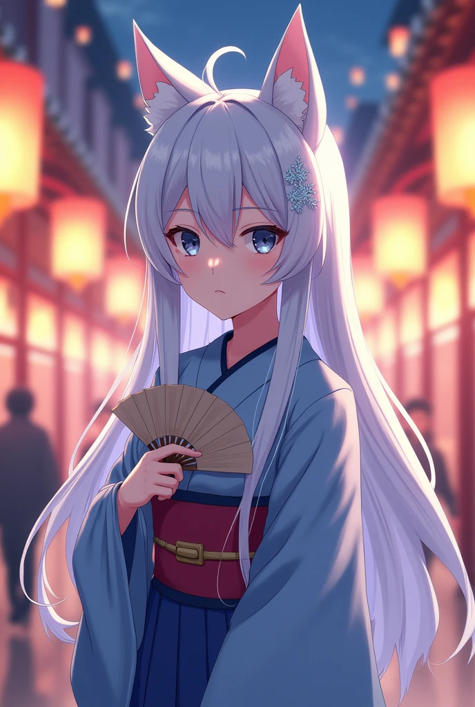 a anime woman,She's a little serious, with long hair, which is white in color with a slight shade of blue, the woman has wolf ears on her head, and wears typical Japanese festival clothing, with lilac and blue colors, she is holding a Fan in her right hand,The fan is closed, she is at a lantern festival, Ice flock in hair