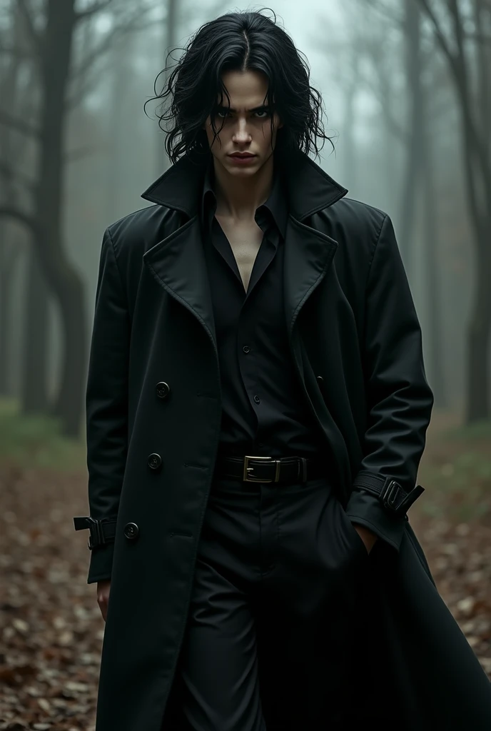 You have black and wavy hair, with locks that fall loose in your face, framing your features. Your eyes are black and narrow, with a shape reminiscent of a tiger, your face is square, with defined and angular lines,
Your height is 1.75 m, with a mesomorphic complexion, You are wearing a black shirt Realistic. You have a trench coat on dressed as the crow