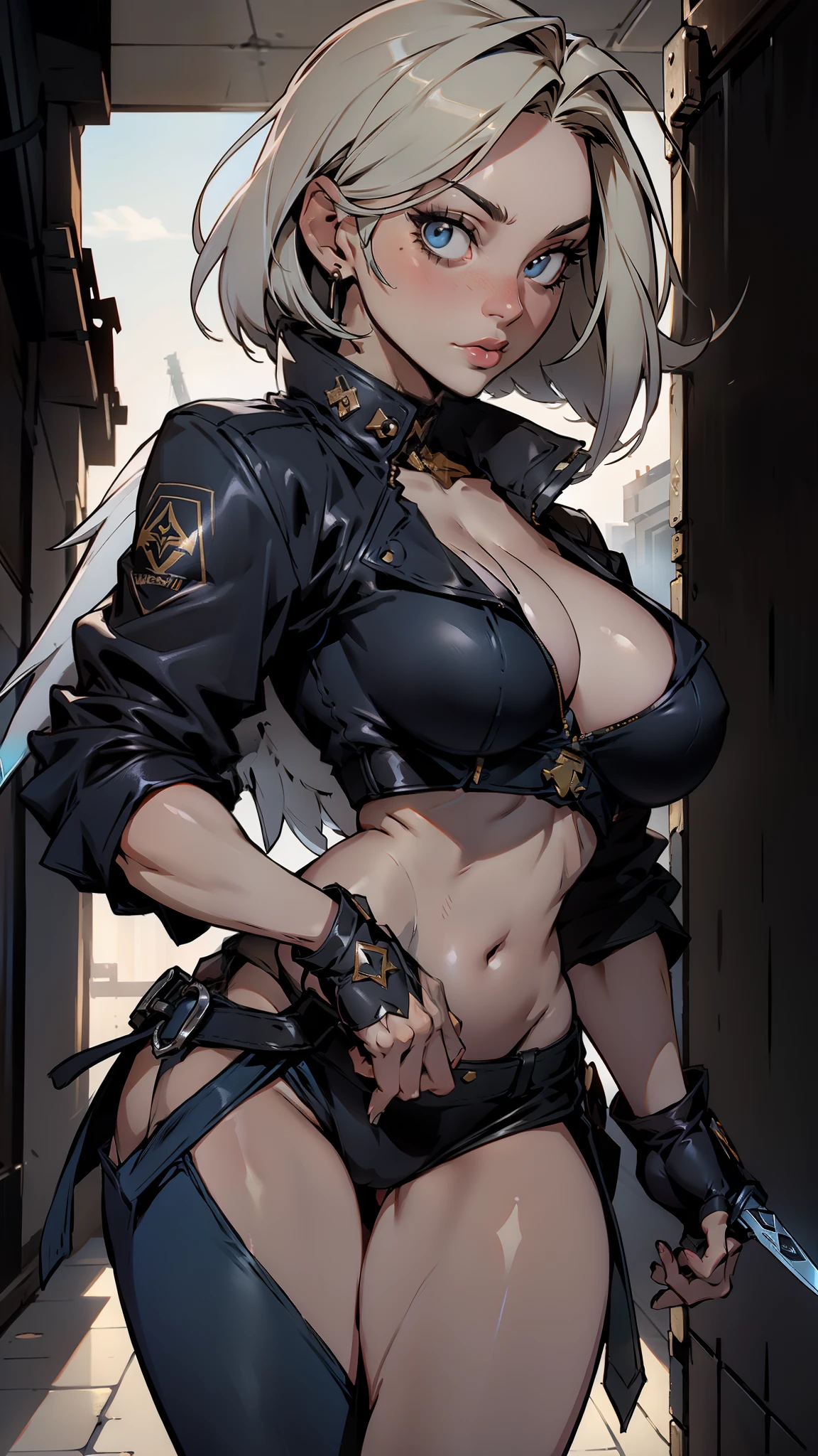 detailed portrait of a beautiful woman, 1girl, (AngelMS:1.4), midriff, looking at viewer, (cleavage), cropped jacket, best quality, 4k, 8k, highres, masterpiece:1.2, ultra-detailed, URBAN SAMURAI,holding a dagger each hand, fullbody shot
