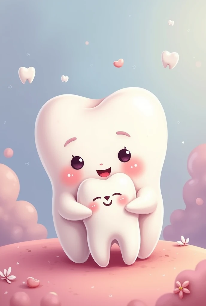 Cartoon of molar with mammary glands nursing her baby tooth in pastel colors