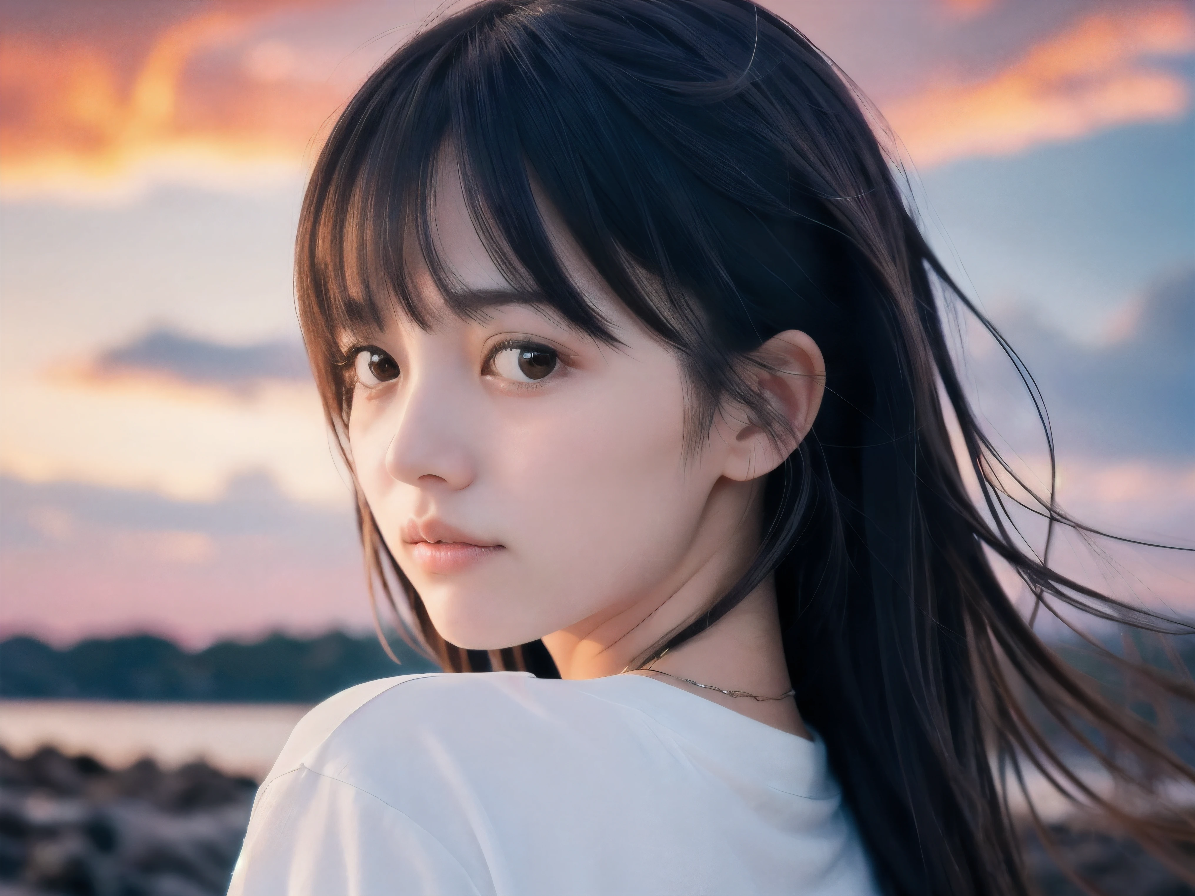 (Close up face shot of slender small-breasted two side up black medium hair with bangs girl wearing a white T-shirt only:1.5)、(One girl is looking back and close her eyes with tears on the coast in Japan:1.5)、(Beautiful after sunset red sky with red big cloud:1.5)、(blurred background:1.5)、(Natural light:1.5)、(8k ultra detailed master piece:1.5)、(perfect anatomy:1.5)、(Photorealistic stick:1.5)、(Raw photo:1.3)、(highest quality:1.5)、(High resolution:1.3)、(Delicate and beautiful perfect face:1.3)、(Delicate and beautiful eye air skin:1.3)、(Real Human Skin:1.3)、((thin legs))