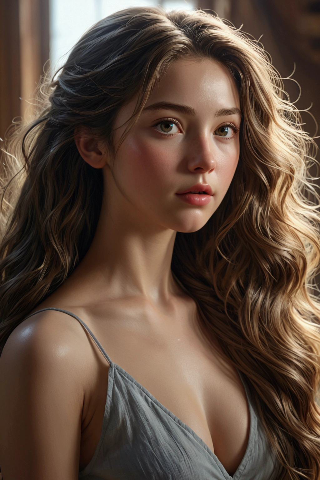 (raw photo, Best Quality), (realist, Photo realist: 1.3), Best Quality, Very detailed, masterpiece, Hyperdetail, illustration, 1 girl, dynamic angle, World masterpiece, disordered_long_hair, Best Quality, fondo de pantalla CG unity 8k, Caucasian perfect body, photographed with a Canon EOS R5, 50mm lens, f/2.8, HdR, (8k)