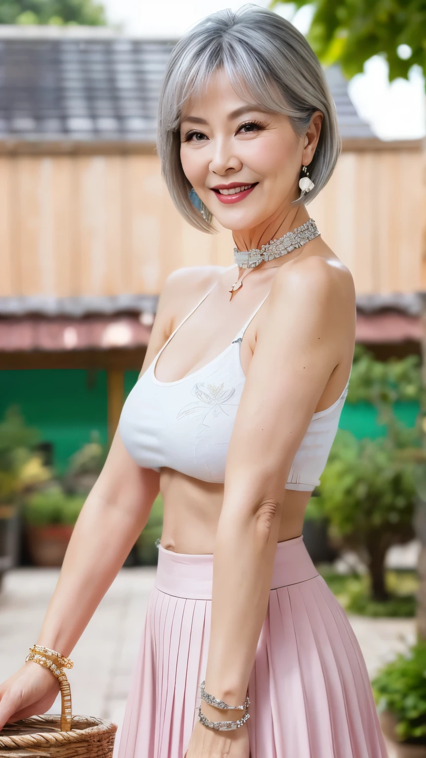 75 years old mom milf Chinese Lady large earring Big choker navel piercing decoration A bracelet Silver Hair realisitic Gorgeous Madame Beautiful Mature Woman sexly Smile Gentle woman navel piercing 4K High quality pleated skirt bucket Laundry