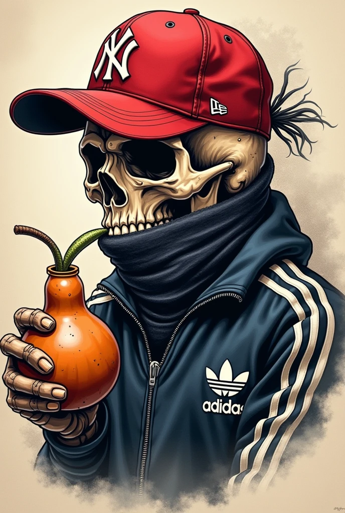 Skull wearing a red 59fifty one size New Era cap with the visor backwards like Fred Durst. with a gourd mate with a straw in his hand. With an Adidas Originals jacket and a scarf covering her nose, with dark glasses and black gloves. All this tattooed on one shoulder in black and white minus the cap