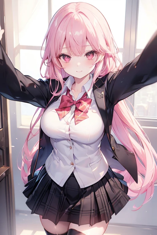 ((masterpiece, best quality, highres, UHD, perfect pixel, depth of field, 4k, RTX, HDR))), 1girl, single, solo, beautiful anime girl, beautiful artstyle, anime character, ((long hair, bangs, pink hair)), (red eyes:1.4, rounded eyes, beautiful eyelashes, realistic eyes), (detailed face, blushing:1.2), (smooth texture:0.75, realistic texture:0.65, photorealistic:1.1, anime CG style), medium breasts, (selfie, dynamic angle, dynamic pose:1.4, pov, close up, looking to viewer), perfect body, (red bowtie, school uniform, black jacket, closed jacket, brown cardigan, white shirt), ((black skirt:1.5, plaid skirt, black stocking)), sly smile, white teeth visible, amusement park