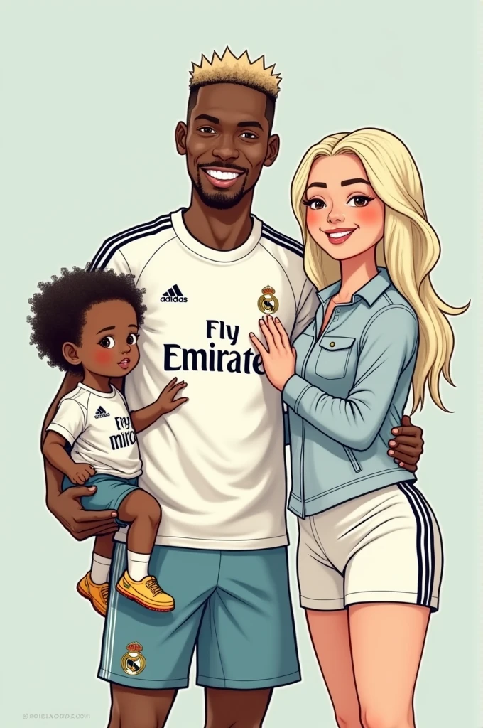 
make a cartoon in Portuguese about the player Éder Militão wearing the Real Madrid team&#39;s clothes picking up his daughter (a 2  white girl with curly hair) just to take a picture on Instagram and then return it to a blonde woman (white with platinum hair)