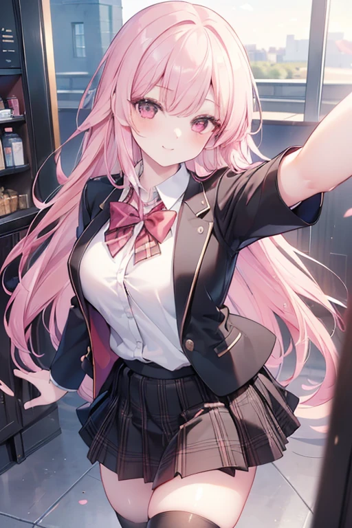 ((masterpiece, best quality, highres, UHD, perfect pixel, depth of field, 4k, RTX, HDR))), 1girl, single, solo, beautiful anime girl, beautiful artstyle, anime character, ((long hair, bangs, pink hair)), (red eyes:1.4, rounded eyes, beautiful eyelashes, realistic eyes), (detailed face, blushing:1.2), (smooth texture:0.75, realistic texture:0.65, photorealistic:1.1, anime CG style), medium breasts, (selfie, dynamic angle, dynamic pose:1.4, pov, close up, looking to viewer), perfect body, (red bowtie, school uniform, black jacket, closed jacket, brown cardigan, white shirt), ((black skirt:1.5, plaid skirt, black stocking)), sly smile, white teeth visible, amusement park
