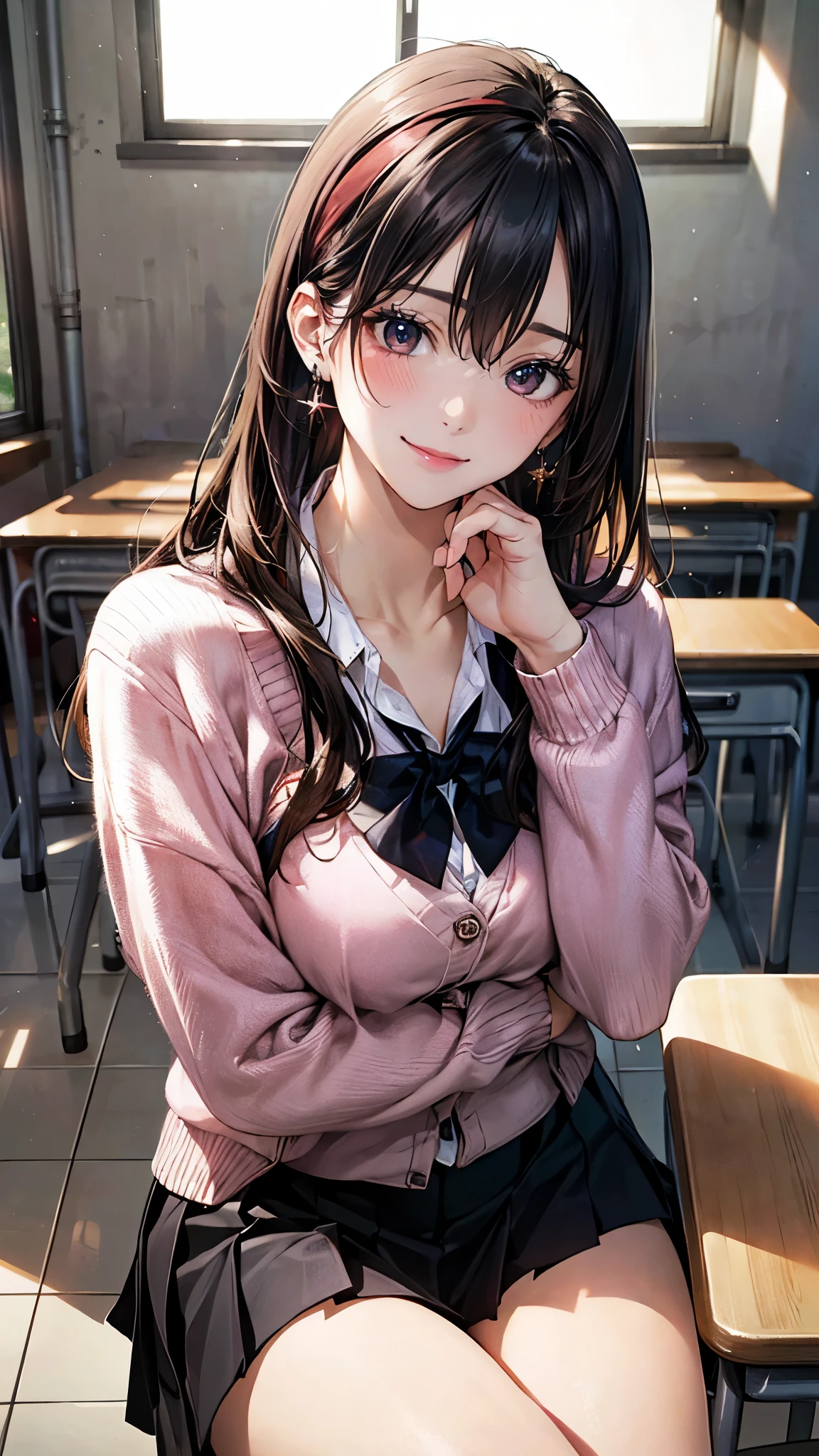 (masterpiece:1.2, highest quality), (realistic photo:1.4), beautiful illustrations, (natural side lighting, movie lighting), 
looking at the viewer, ((pov across table)), 1 girl, japanese, high school girl, perfect face, cute symmetrical face, shiny skin, baby face, 
(long hair, straight hair, ((dark red headband)), black hair), hair between eyes, maroon eye idol chest, seductive thighs, big ass), earrings, 
beautiful hair, beautiful face, detailed and beautiful eyes, beautiful clavicle, beautiful body, beautiful breasts, beautiful thighs, beautiful feet, beautiful fingers, slender, 
(white collared shirt, long sleeve pink knit cardigan, black pleated mini skirt, dark red flat bow tie), 
(beautiful scenery), evening, (school classroom:1.2), (hand up, elbows on table), (cute smile, upper eye)