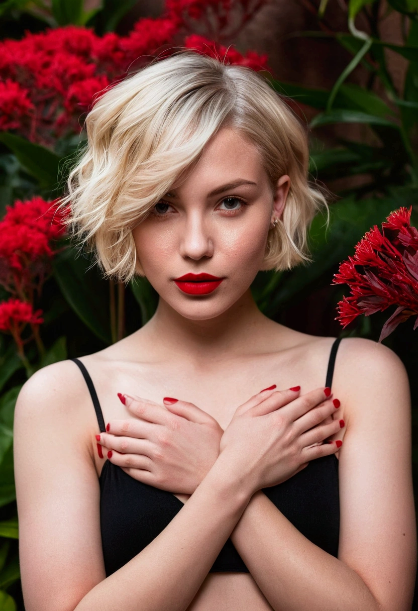 25 years old girl, blonde short hair, Red lips, Red plants, with hands hand own boobs
