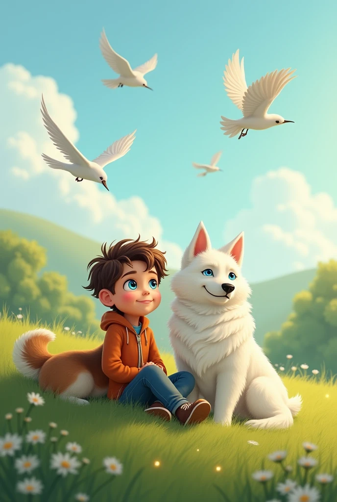 A boy with brown hair blue eyes sitting on hill with 2 dogs one is German shepherd and white shemoyed with sparkling blue eyes watching birds