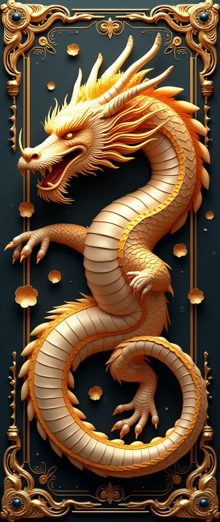 Futuristic card game with LCD screen, card frames with three-dimensional golden baroque decorations, pixel art of oriental dragons with a resolution of 256 x 256 moving on the LCD screen, (masterpiece, 4K, best Quality: 1.9, perfect anatomy: 2.0, high resolution, perfect lighting, clearly drawn face, detailed body),