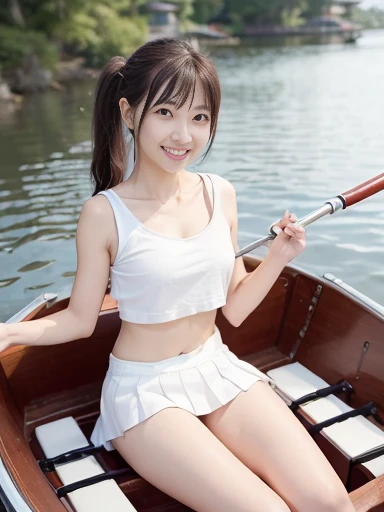 Japanese female, (underweight), (flat chest best quality:1.3), 30 years old, (cheerful grin:1.5),
lake,legs spread (rowing a rowboat), ponytail, (red t-shirt), (white skirt), (white panties,focus), Japanese, in the rowboat, full body shot, (low angle shot:1.2)