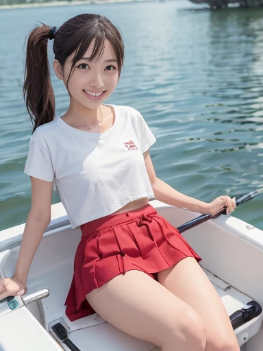 Japanese female, (underweight), (flat chest best quality:1.3), 30 years old, (cheerful grin:1.5),
lake,legs spread (rowing a rowboat), ponytail, (red t-shirt), (white skirt), (white panties,focus), Japanese, in the rowboat, full body shot, (low angle shot:1.2)