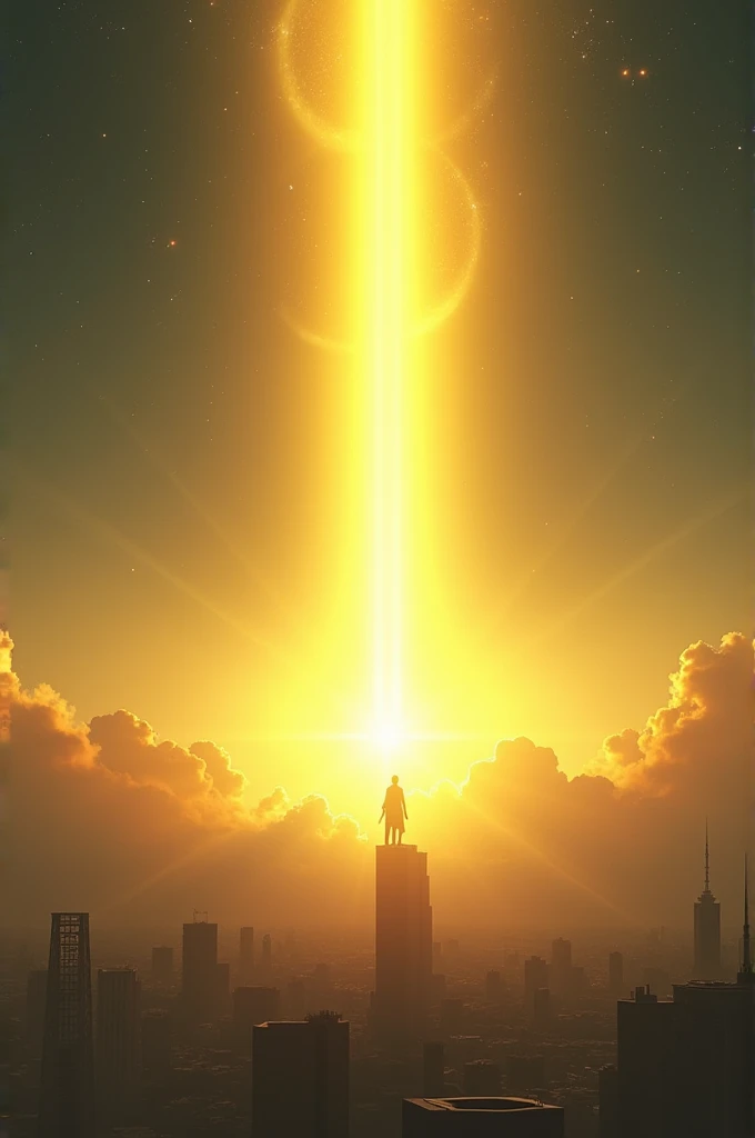 Image in the sky in the distance of a city and from above falling a large yellow ray with the light of a star 