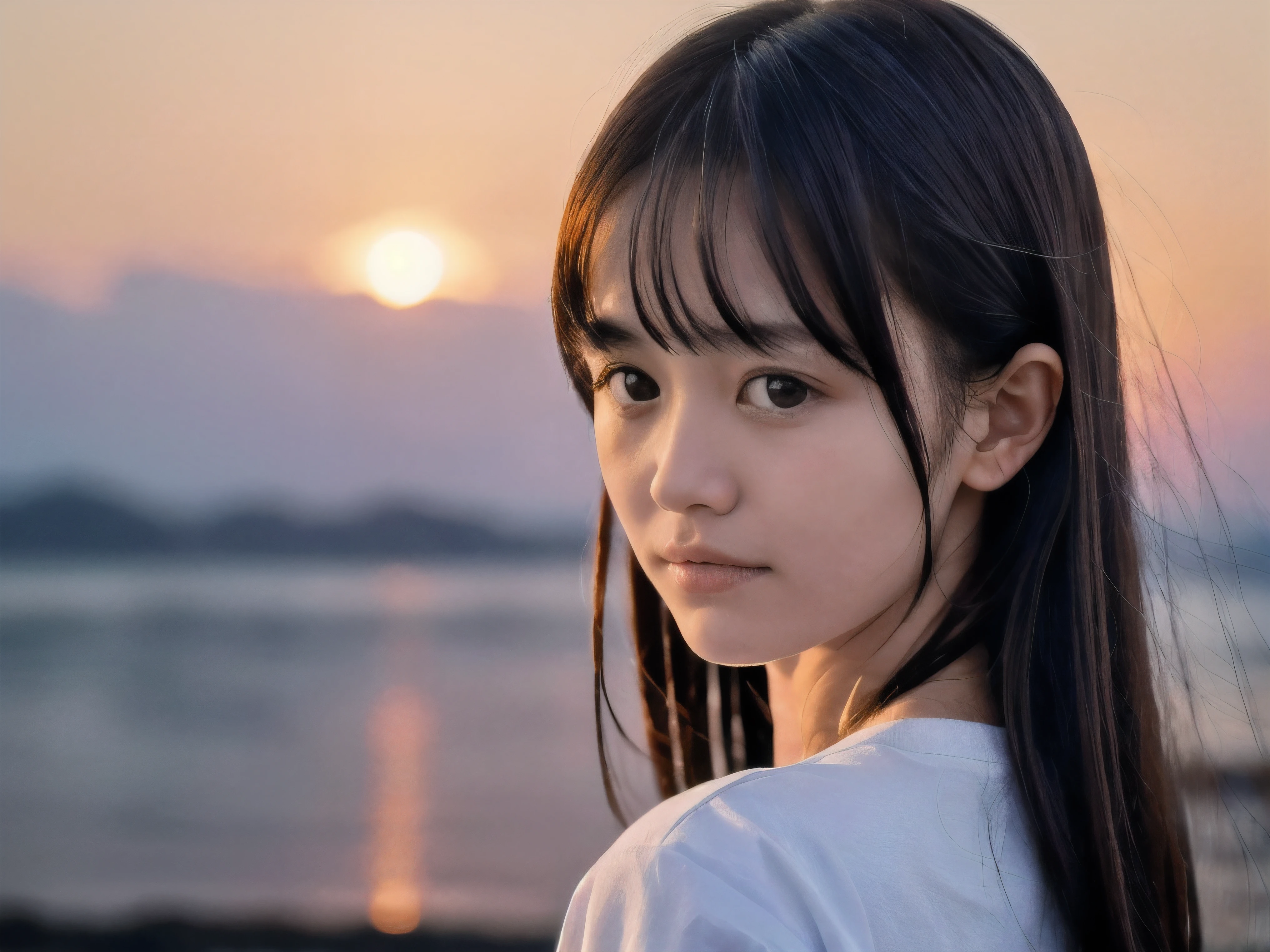 (Close up face shot of slender small-breasted dark silver long hair with swept bangs girl wearing a white T-shirt only:1.5)、(One girl is looking back and close her eyes with tears on the coast in Japan:1.5)、(Beautiful after sunset red sky with big red cloud:1.5)、(blurred background:1.5)、(Natural light:1.5)、(8k ultra detailed master piece:1.5)、(perfect anatomy:1.5)、(Photorealistic stick:1.5)、(Raw photo:1.3)、(highest quality:1.5)、(High resolution:1.3)、(Delicate and beautiful perfect face:1.3)、(Delicate and beautiful eye air skin:1.3)、(Real Human Skin:1.3)、((thin legs))
