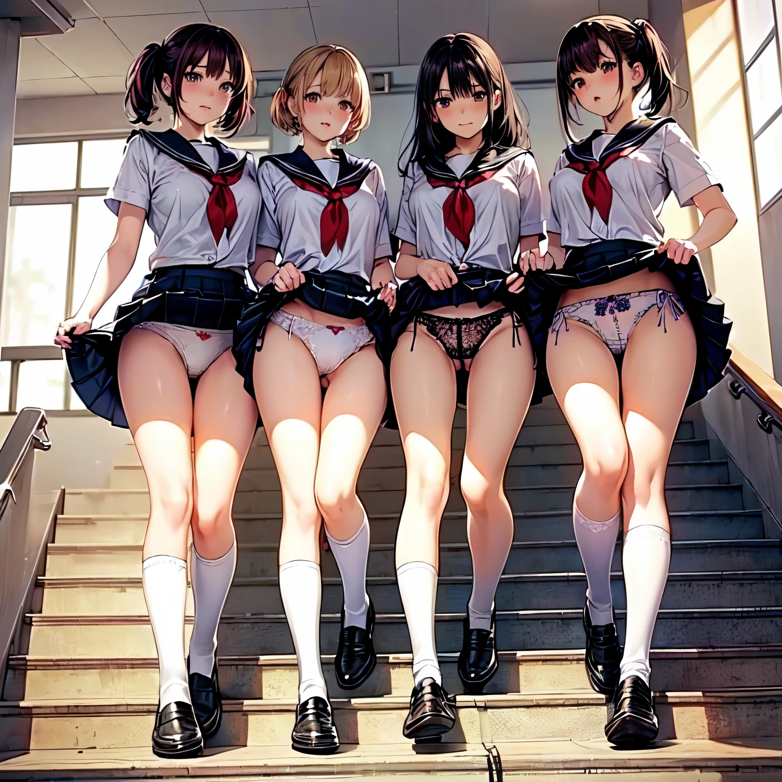 (((masterpiece, highest quality, High resolution, 超High resolution, Perfect Pixel, Depth of written boundary, 4K, RTTX 10.0, High resolution))), (Four adult women:1.3), Beautiful Anime Woman, Beautiful art style, Anime characters, ((Long Hair, bangs, Dark brown hair, Various hairstyles, ponytail, Twin tails, Bobcut)), ((Beautiful eyelashes)), ((Detailed face, blush:1.2)), All four have different faces, ((Smooth texture, Realistic texture, Anime CG Style)), Perfect body, (Slender body:1.2), Beautiful and big breasts, Exact finger count、Exact number of legs、Exact number of arms, (blush:1), (Four women are walking down the stairs side by side, lifting their skirts:1.4), (Fashionable white shirt, Sailor collar, (Knee-high socks:1.2), loafers, mini skirt:1.4), Realistic, highest quality, High resolution, Very detailed face, Perfect lighting, Extremely detailed CG, (Perfect hands, Perfect Anatomy), Embarrassed expression, (School stairs:1.5), Morning sun-like lighting, whole body, ((Stylish and sexy shiny satin panties, Stylish lace side-tie panties, A pair of white panties with a simple plain white center and black lace on the sides, White panties with different designs for each person:1.2)), Angle from the front、(Beautiful and thin thighs:1.2), All about the same height, Feeling embarrassed
