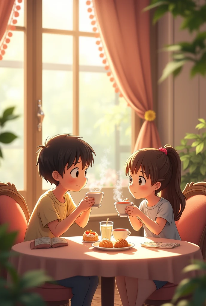 A slim boy and chubby girl is having a tea in restaurants, realistic, anime
