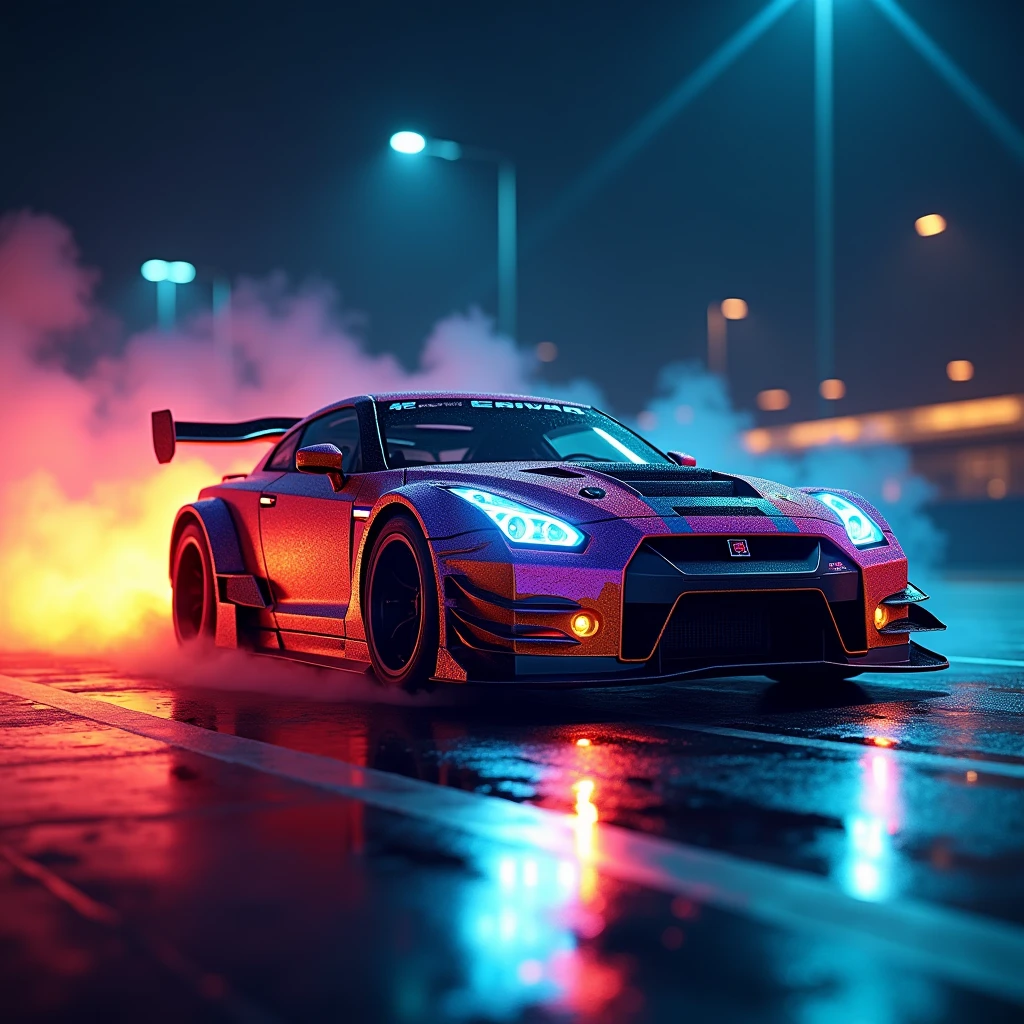 (masterpiece, best quality, ultra-detailed, 8K), race car, street racing-inspired,Drifting inspired, LED, ((Twin headlights)), (((Bright neon color racing stripes))), (Black racing wheels), Wheelspin showing motion, Show car in motion, Burnout, wide body kit, modified car, racing livery, masterpiece, best quality, realistic, ultra highres, (((depth of field))), (full dual colour neon lights:1.2), (hard dual color lighting:1.4), (detailed background), (masterpiece:1.2), (ultra detailed), (best quality), intricate, comprehensive cinematic, magical photography, (gradients), glossy, Night with galaxy sky, Fast action style, fire out of tail pipes, Sideways drifting in to a turn, Neon galaxy metalic paint with race stripes, GTR Nismo, NSX, Porsche, Lamborghini, Ferrari, Bugatti, Ariel Atom, BMW, Audi, Mazda, Toyota supra, Lamborghini Aventador, aesthetic,intricate, realistic,cinematic lighting, Neon Paint, streaks of fire,c_car