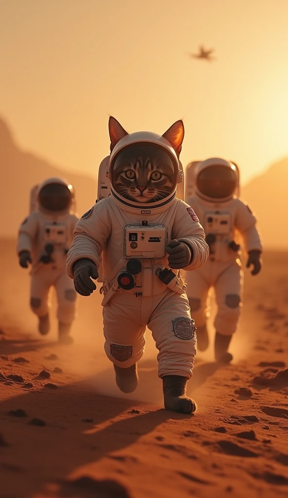 Photo quality Ultra-Real ((Cat 3 horses)) astronaut cat Mars exploration ((Spacecraft repair)middle)) High five Armageddon-like