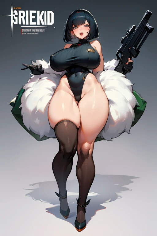 exited, smile, scream, Open mouth, young girl, Pullover, whole body to see, bob cut hair, (( very wide hips)), (((colossal Thighs, gigantic thighs, very huge thighs, very big thighs))), fullbody, platform heels, black skin, very Big breast, gun, soldier girl , full body, military , high cut leotardi, cyberpunk, battle, tight stockings,
