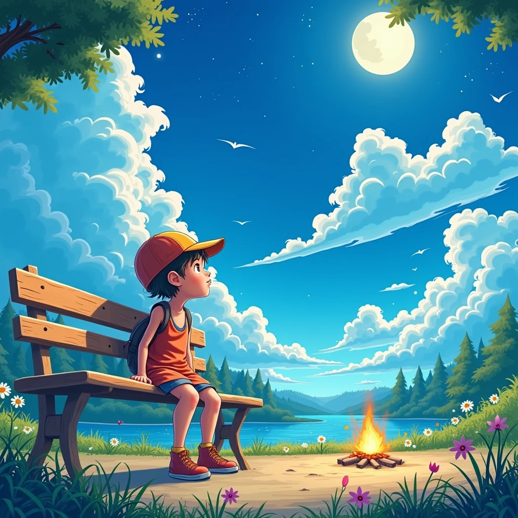 Ghilbi vibes, a child is in the garden looking at the blue sky and white clouds. There is a river and a bonfire