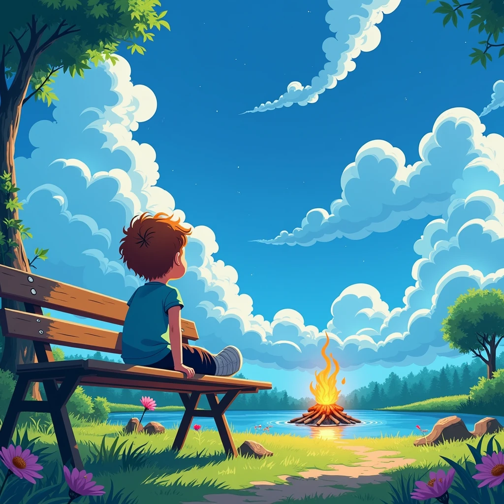 Ghilbi vibes, a child is in the garden looking at the blue sky and white clouds. There is a river and a bonfire