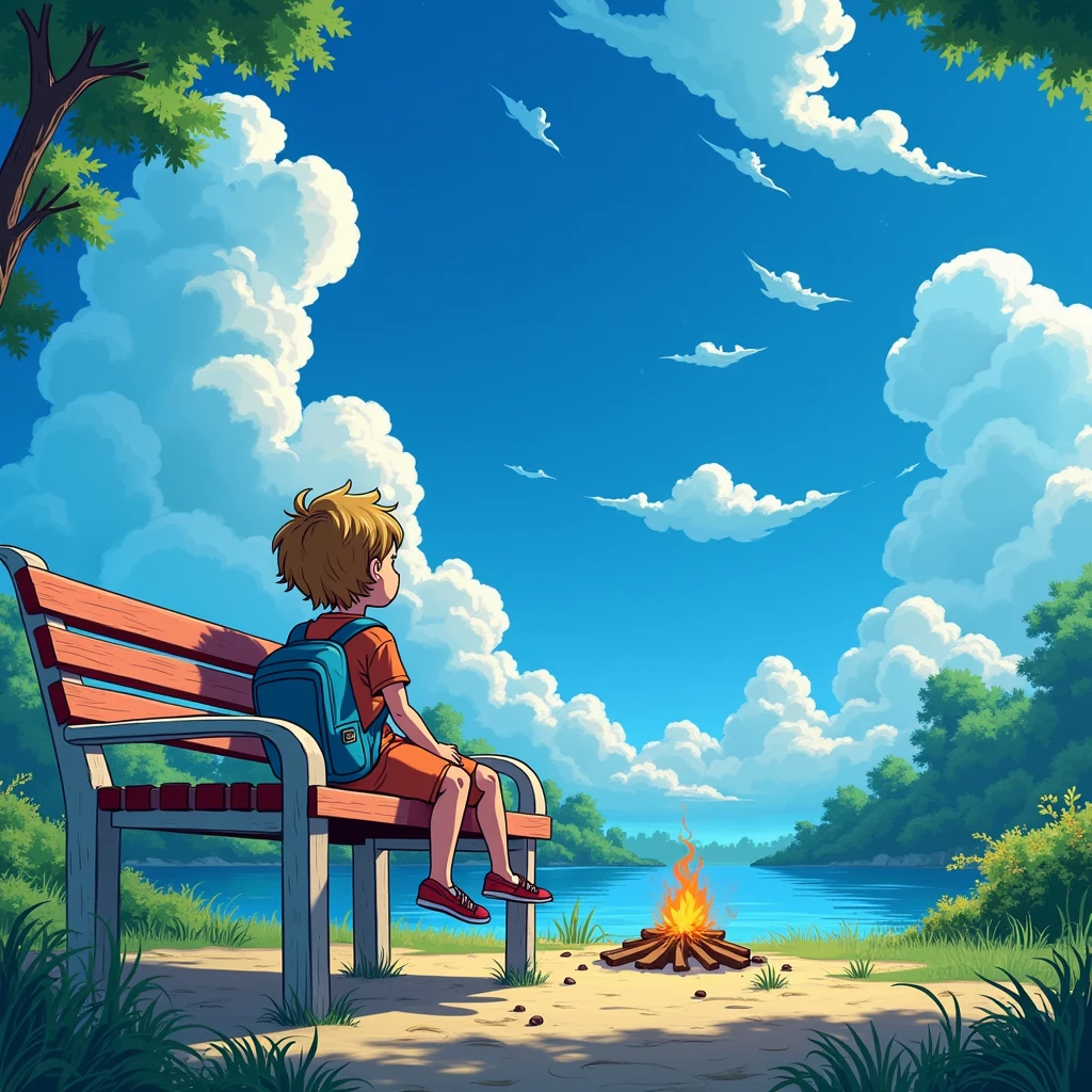 Ghilbi vibes, a child is in the garden looking at the blue sky and white clouds. There is a river and a bonfire
