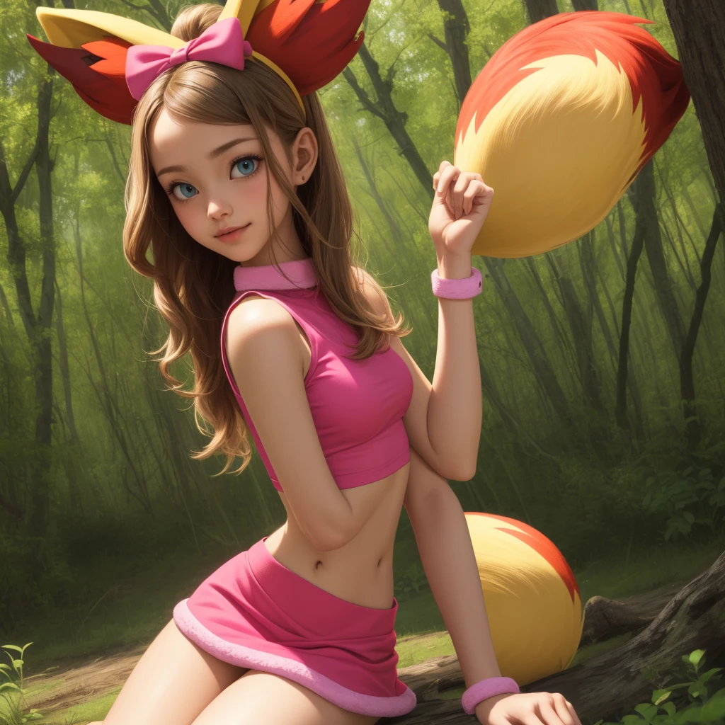 pkmnserena, 1girl, solo, blue eyes, blonde hair, long hair, ponytail, sidelocks, bangs,
pink hairband, bow hairband, hair bow, pink bow, fox tail, fake tail, animal ears, fox ears, animal ear fluff, fake animal ears,
pink shirt, crop top, sleeveless, turtleneck, pink skirt, miniskirt, midriff, bracelet, fur trim, fur collar,
smile,closed mouth,cowboy shot,sitting,
forest,outdoor,
(insanely detailed, beautiful detailed face, masterpiece, best quality) cinematic lighting,