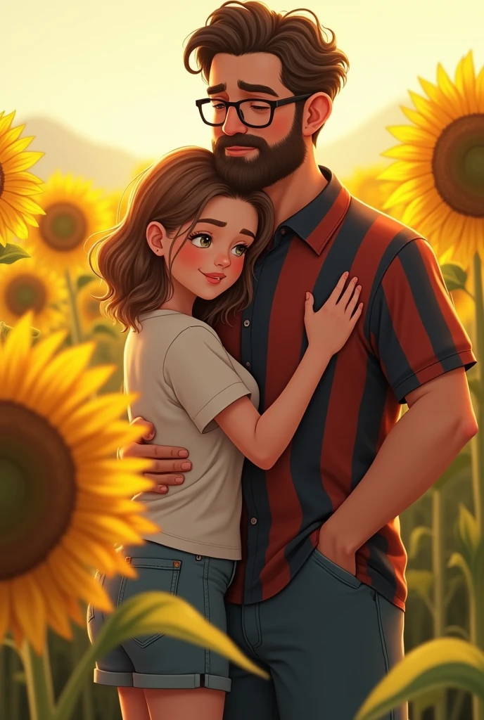 Generates an image of a teenage girl with shoulder-length wavy light brown hair being hugged by her father with very short dark brown hair and a not-so-long beard wearing square glasses and a shirt with thick black and red vertical stripes with converse tennis shoes in a field of sunflowers
