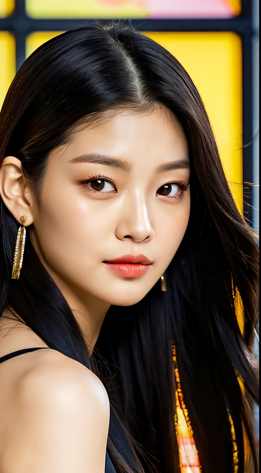 a woman with long hair wearing a black dress and a gold choke, blackpink jennie, jaeyeon nam, kim doyoung, jossi of blackpink, lee ji - eun, lee ji-eun, park ji-min, portrait of jossi of blackpink, taejune kim, heonhwa choe, wan adorable korean face, gongbi, sun yunjoo